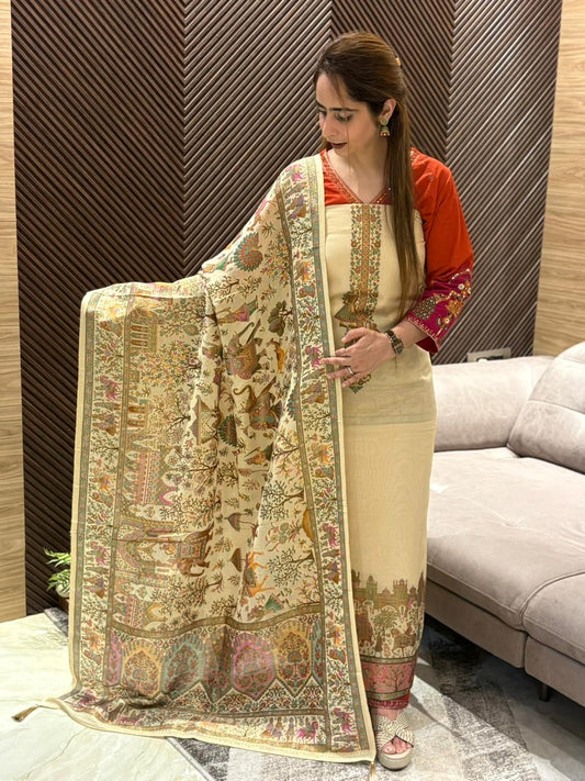 Beautifully crafted unstitched suit in soft mul cotton fabric