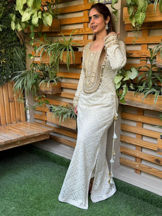 Beautifully adorned with intricate chikankari embroidery