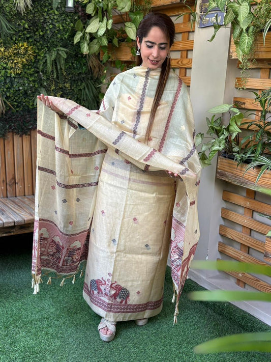 Beautiful unstitched Jamdani cotton suit set