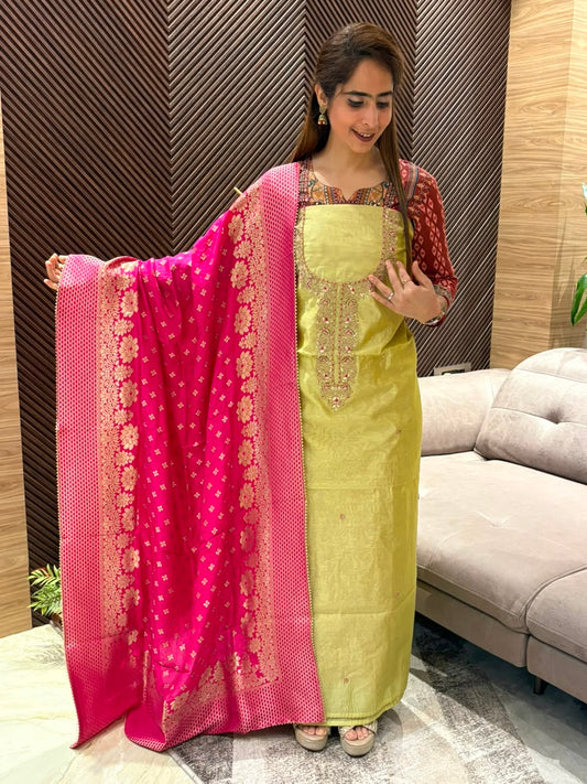 Luxurious Chanderi silk unstitched suit set