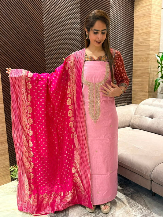 Luxurious Chanderi silk unstitched suit set