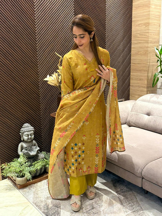 elegant linen cotton kurti set
