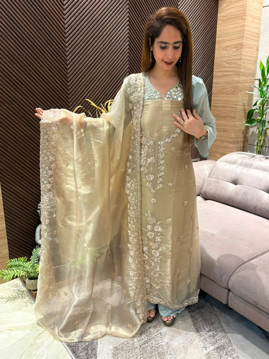 Luxurious tissue organza unstitched suit