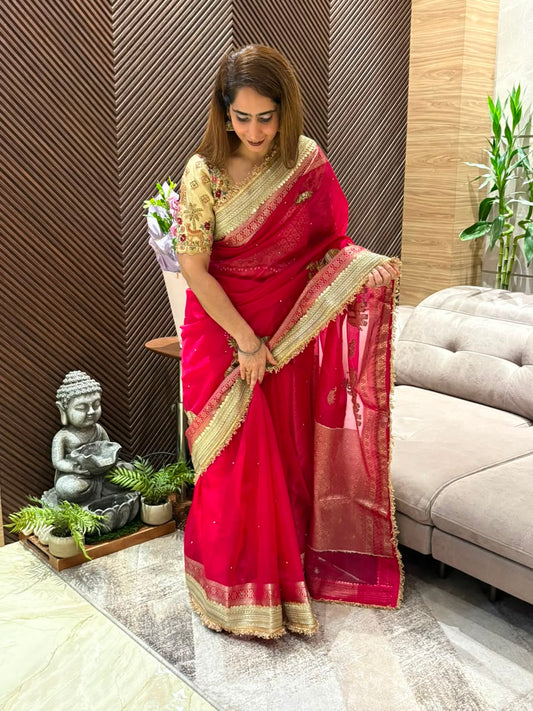 Crafted in luxurious soft organza running saree
