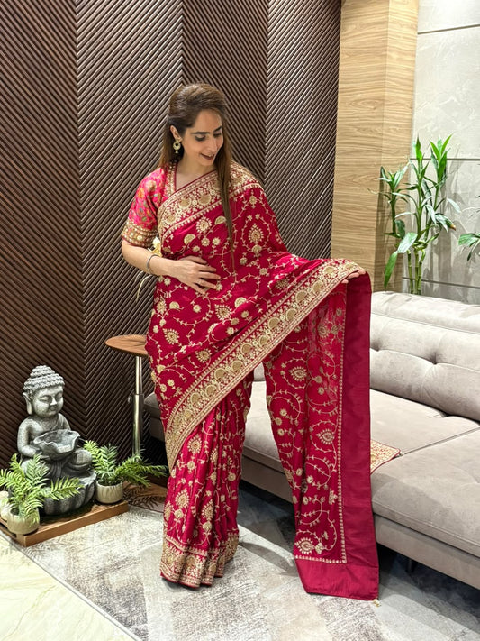 Cherry red shade stunning running saree