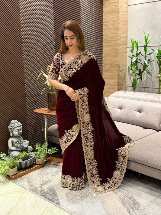 Luxurious wine-maroon velvet running saree