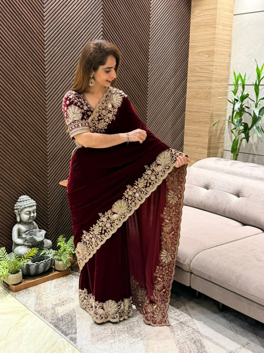 Luxurious wine-maroon velvet running saree