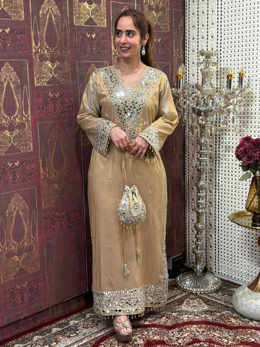 Elegant long kurta set is crafted in luxurious tissue silk fabric