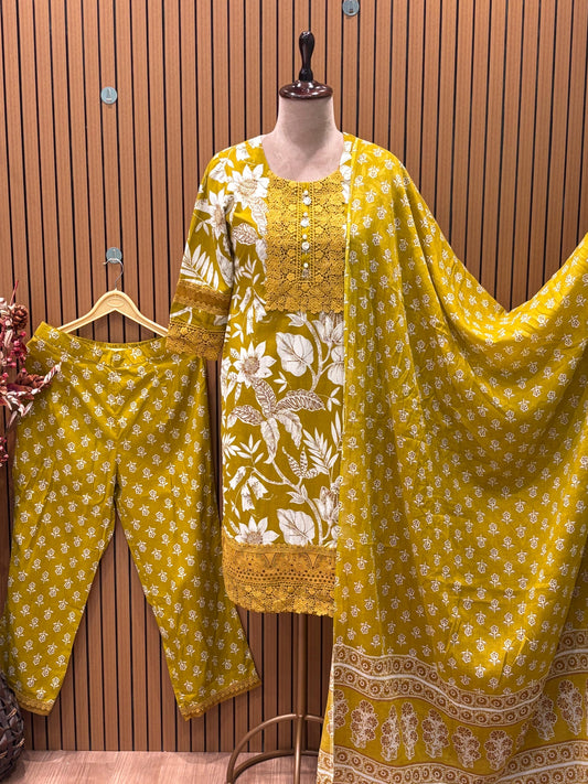 Embrace festive charm with this mustard floral print suit