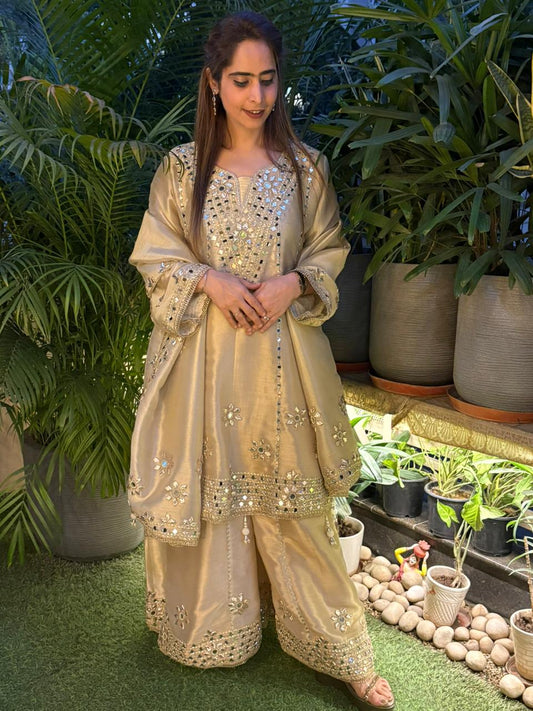 Exquisite Anarkali set is crafted in luxurious tissue silk fabric